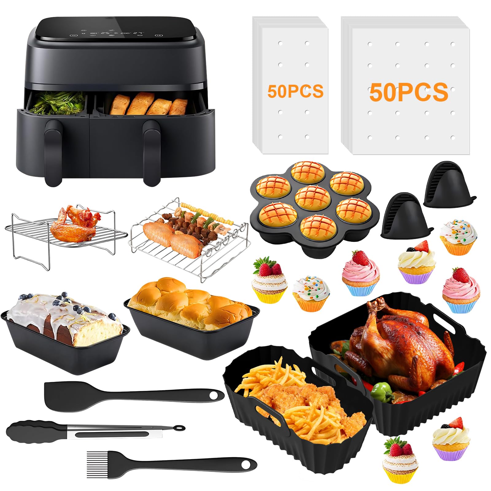 Accessori Friggitrice ad Aria per Philips Dual Basket Airfryer Serie 3000 6L /3L – 23 Pezzi Accessori ad Aria – Riutilizzabile Stampi Griglia, per Philips Airfryer Dual Basket 3000-5000 serie 9L