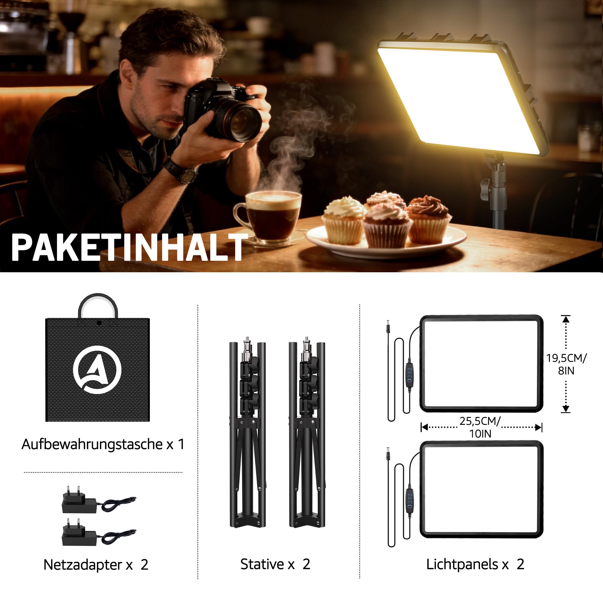 Video Licht, 2-25x20 cm 25W LED Studio Fotolicht Set, Dimmbares 2800–7000K Fill-Licht für Video/Streamen von Selfies/Porträts im Innenbereich, 185cm Kamera Licht mit Stativ & Adapter，CRI>97 (25W)