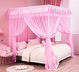 Mengersi Pink Princess 4 Corners Post Canopy Bed Curtains For Girls Kids Toddlers Crib Bed Canopy Netting, Bedroom Decor,Gift (Twin)