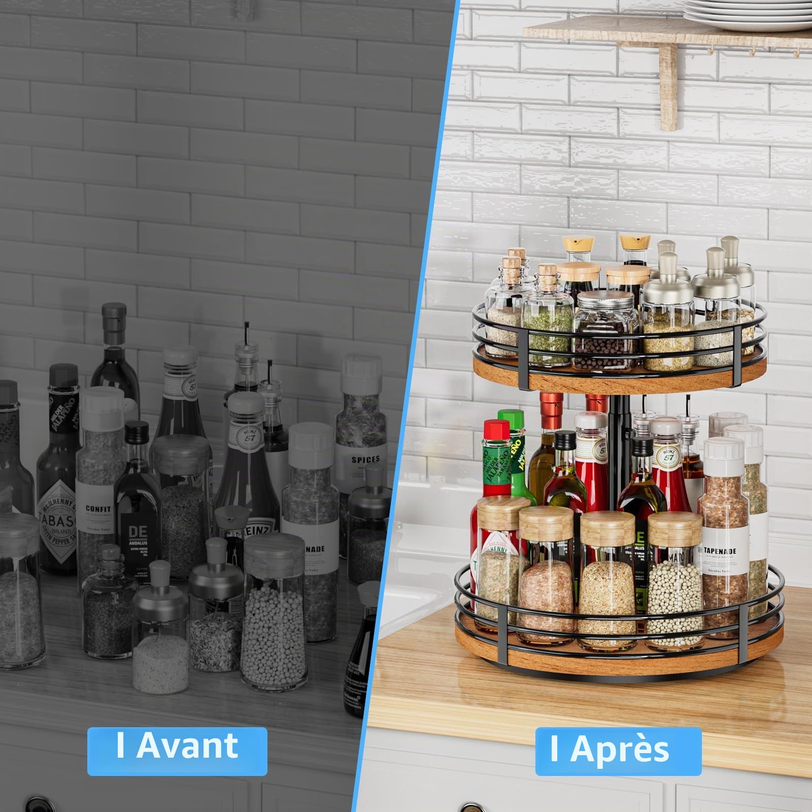 Lazy Susan Organiseur de Plateau tournant réglable – Étagère à épices rotative en Bois à 2 Niveaux de 30,5 cm pour comptoir de Cuisine, Garde-Manger, Placard, Table de Salle de Bain, café, Bar