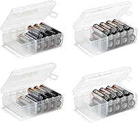 GlossyEnd AA & AAA Battery Organizer Set of 4 Clear Storage Boxes - Holds 12 Batteries Each with Movable Divider