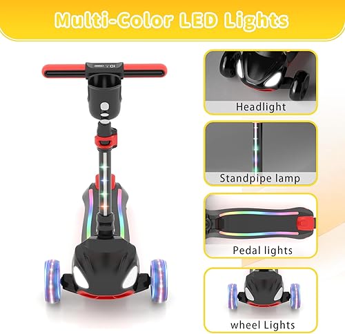 Miniatura 4 de SIMATE Patinete eléctrico para niños de 3 a 12 años, 3 alturas ajustables, pantalla plegable y LED, acelerador de pulgar, velocidad segura de 5 MPH,
