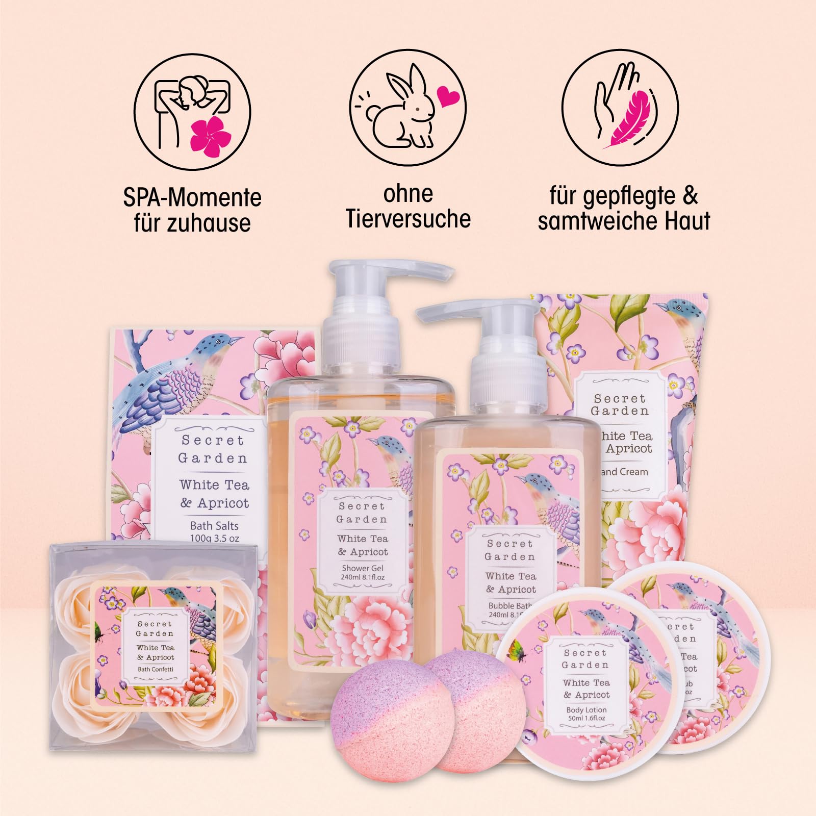 Accentra Geschenkset SECRET GARDEN, 10-teiliges Geschenkset für Frauen mit Duschgel, Schaumbad, Lotion, Peeling, Handcreme, Badesalz, Rosenkonfetti und Badebombe in einer Holzbox, White Tea Apricot