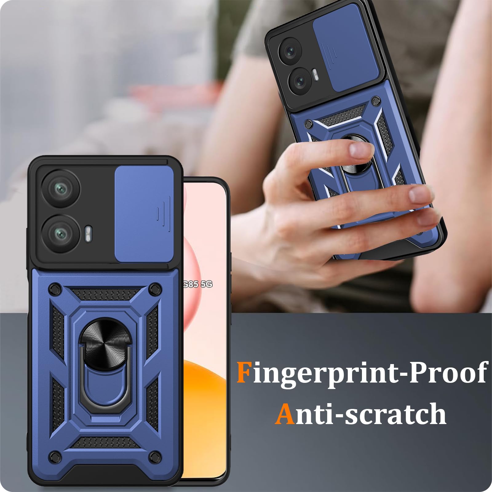 Cover per Moto G85 5G, Custodia per Moto G85 5G Antiurto Scorrevole Protezione Fotocamera Custodia con 360°Rotante Anello Supporto Cover, Blu