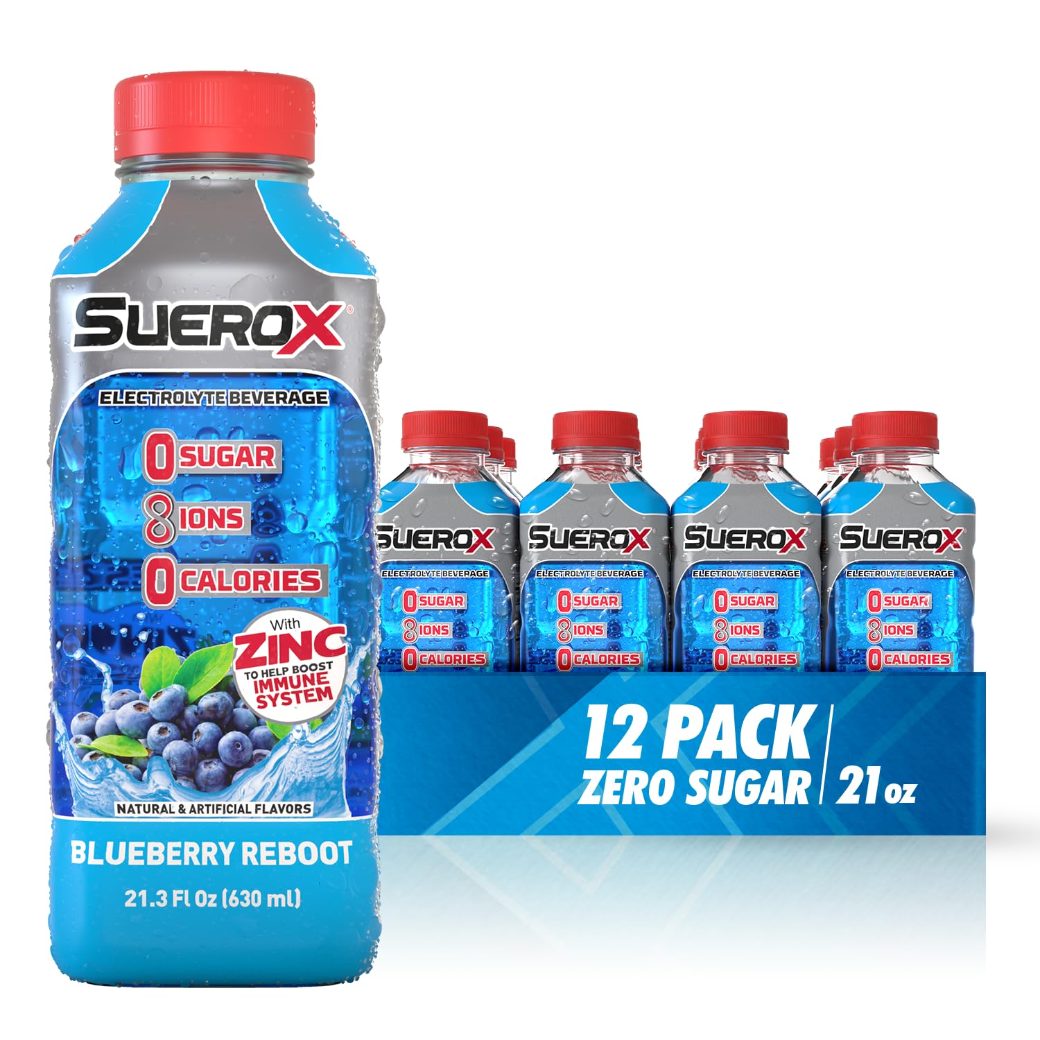 SueroX Sugar Free Sports Drink for Hydration and Recovery, Electrolyte Hydration Drink with 8 Ions, Zero Calorie Sports Drinks, Blueberry Reboot, 21.3 Fl Oz, 12 Count