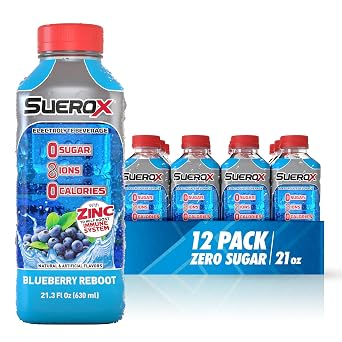 SueroX Sugar Free Sports Drink for Hydration and Recovery, Electrolyte Hydration Drink with 8 Ions, Zero Calorie Sports Drinks, Blueberry Reboot, 21.3 Fl Oz, 12 Count