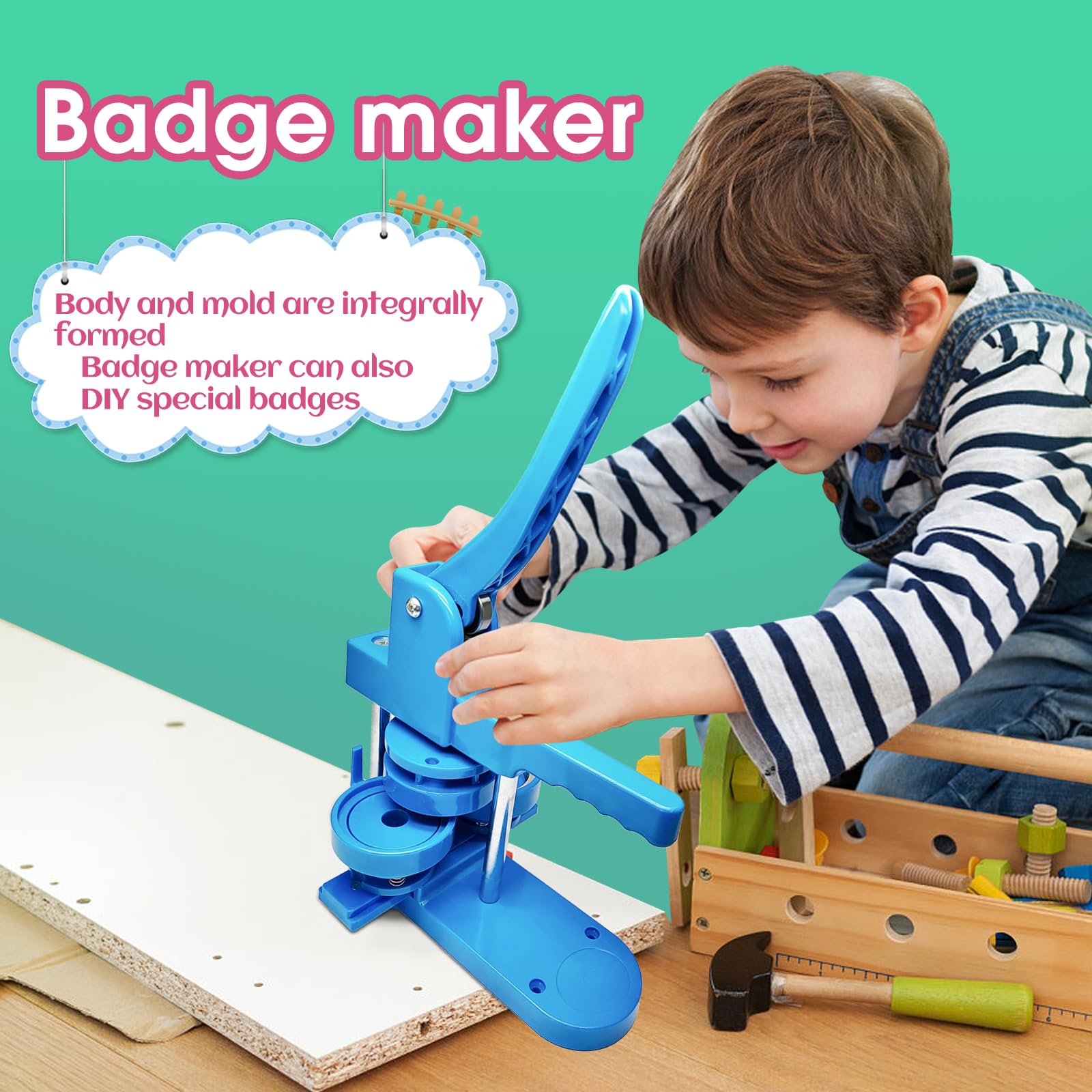Pressa per Badge, Macchina da Stampa per Badge da 25+32+58 mm, Macchina per la Creazione di Bottoni fai da te con 300 pezzi di Parti del Pulsante, Guarnizioni di Immagine e Taglierina(Blu)