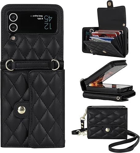 XIZYO Funda para Samsung Galaxy Z Flip 4, bonita funda de cuero con tarjetero y funda cruzada para mujeres y niñas, correa para la muñeca, bloqueo