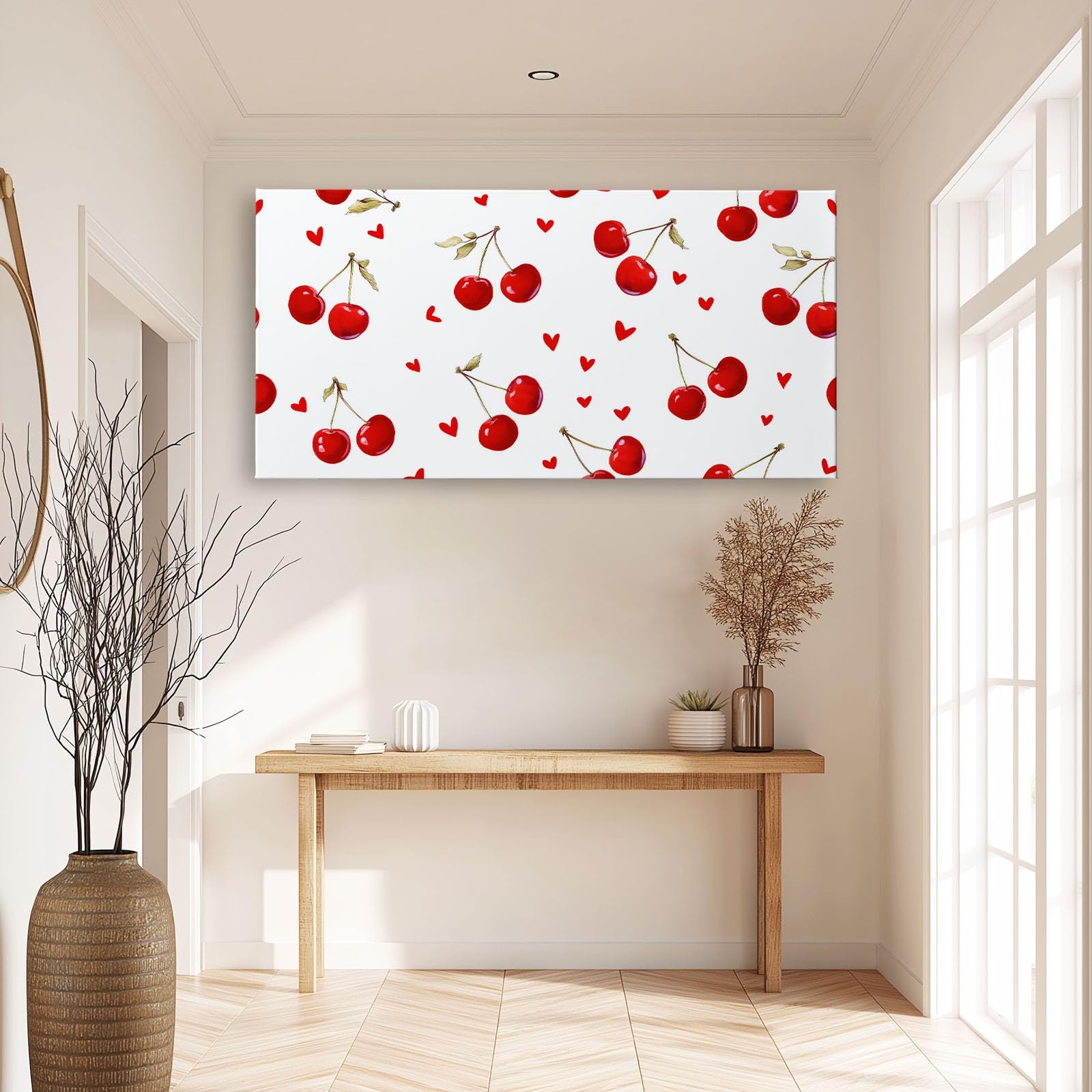 Generisch Weiß Frucht Herz Kirsche Modernes Leinwandbild 140L x 70B cm mit Rahmen, Modern XXL Wanddeko für Wohnzimmer Geschenk Idee Einzug - Hochwertiger Kunstdruck auf Holzrahmen