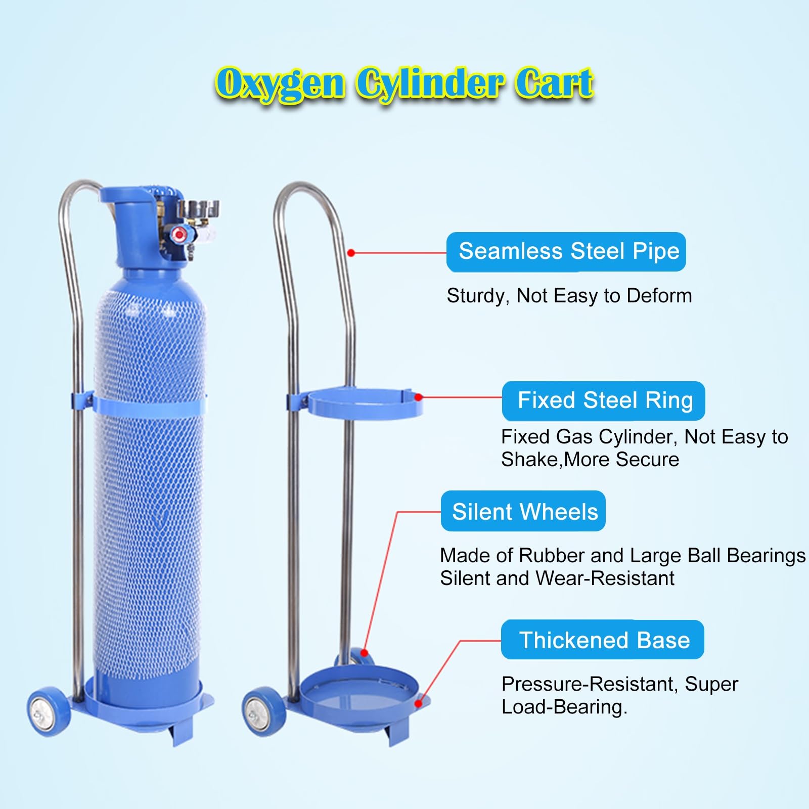 Oxygen Tank Holder Rolling Cart, Blue Single Gas Cylinder Stand for Factory Laboratory Hospitals Schools 10 15 20 L Cylinder Storage, Portable Nitrogen Bottles Rack(High 80cm(31 1/2