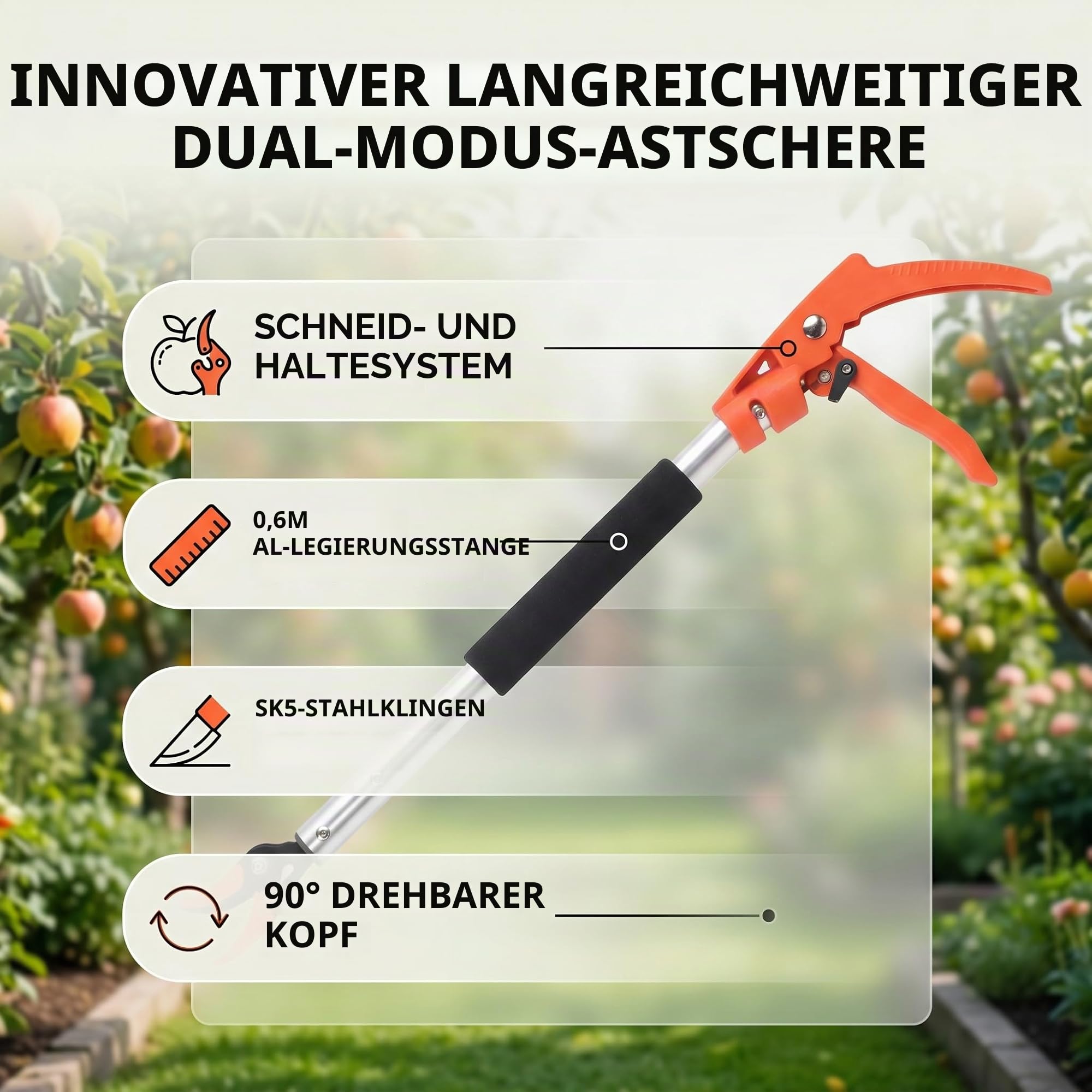 Obstpflücker-Scherenschneider mit Scharfen Klingen, Bypass-Gartenschere Zum Schneiden und Halten mit Großer Reichweite Zum Beschneiden und Pflücken von Früchten