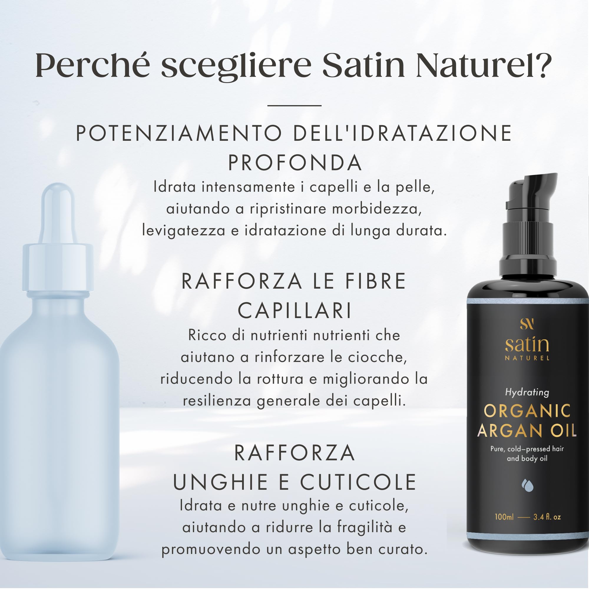 Satin Naturel Olio di Argan Bio 100 ml – 100% Olio Puro Spremuto a Freddo – Olio Naturale per Capelli, Pelle, Unghie & Barba – Olio per Capelli Secchi & Cuoio Capelluto, Certificato Biologico