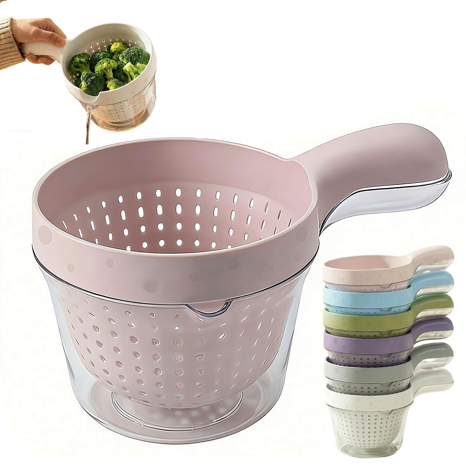 Dual Layer Draining Basket with Ergonomic Handle Double Plastic Strainer Fruit Colander Storage Container 2 in 1 Vegetable Washing Food Sieve for Berries Grapes Cherries Tomatoes Green