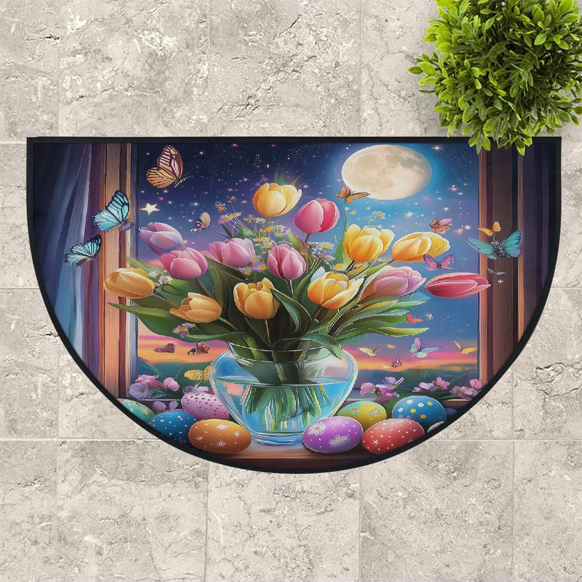 Mexpekil Paillasson demi-rond pour intérieur et extérieur - Motif œufs colorés, tulipes et lune - Demi cercle - Absorbant la saleté - 100 x 160 cm