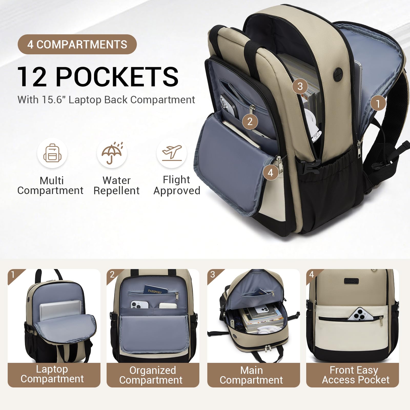 Kono Mochila para Portátil 15,6 Pulgadas Mujer, Gran Capacidad, Impermeable con Bolsillo para Botella, Ideal para Trabajo, Universidad, Viajes — view 2