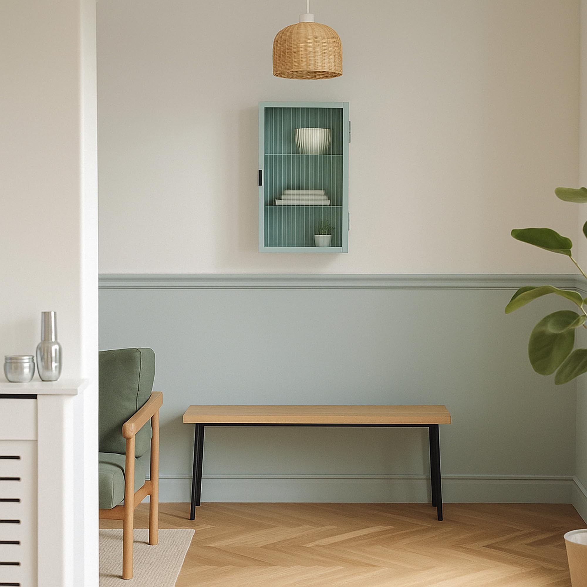 [en.casa] Armario de Pared Zundert Mueble Baño con 1 Puerta de Vidrio Acanalado Mueble Auxiliar de Cocina con 3 Compartimentos Cerrados Acero 60 x 35 x15 cm - Verde Menta