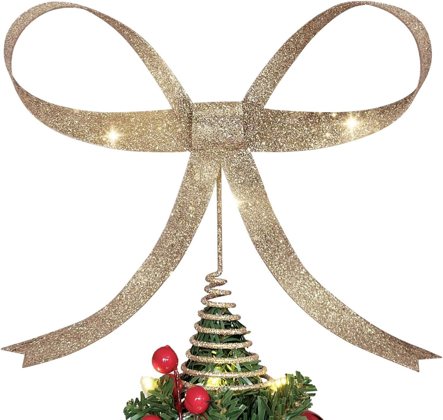 Large Metal Bow Christmas Tree Topper,9.4 Inch Glitter Champagne Gold Tree Topper,Champagne Gold Bow Christmas Tree Decorations for Xmas Home Decor Holiday Party Indoor Outdoor Shop Office