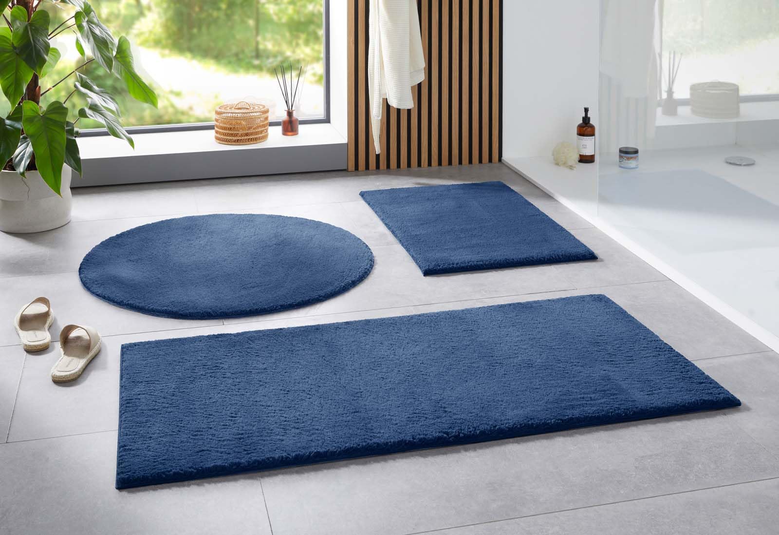 Taracarpet Badematte Uni Boho rutschfest, waschbar, Badezimmer-Teppich, Bad-Vorleger, WC Deko, Duschvorleger für Dusche und Badewannen weich und als Set kombinierbar New Blau 120x170 cm
