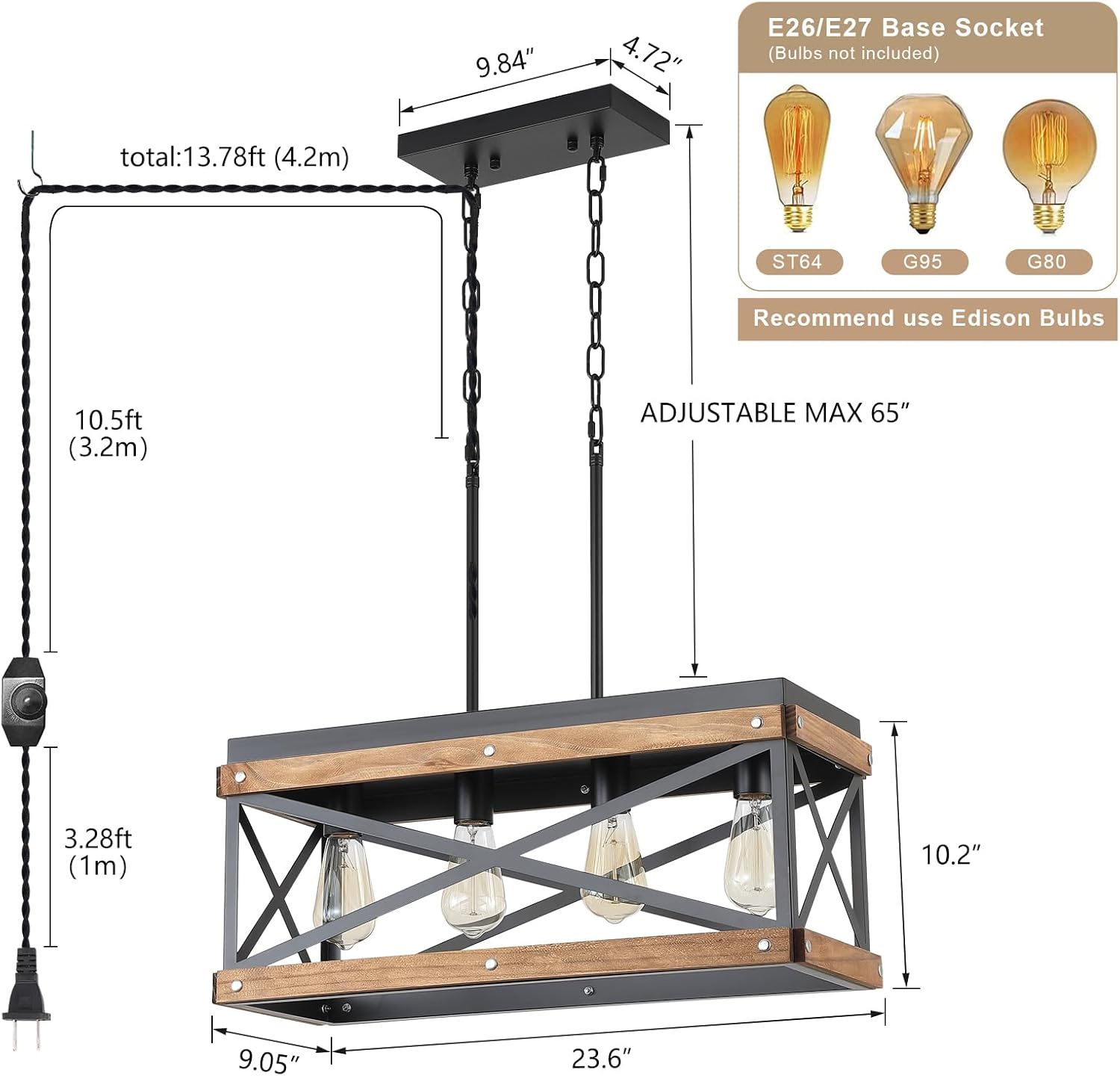 Rustic Farmhouse Plug in Kitchen Island Lighting, 4 Lights Rectangular Pendant Light Fixture with Adjustable Chain, Dimmable Switch, Oak Wood and Metal Linear Chandelier for Dining Room Home, Black