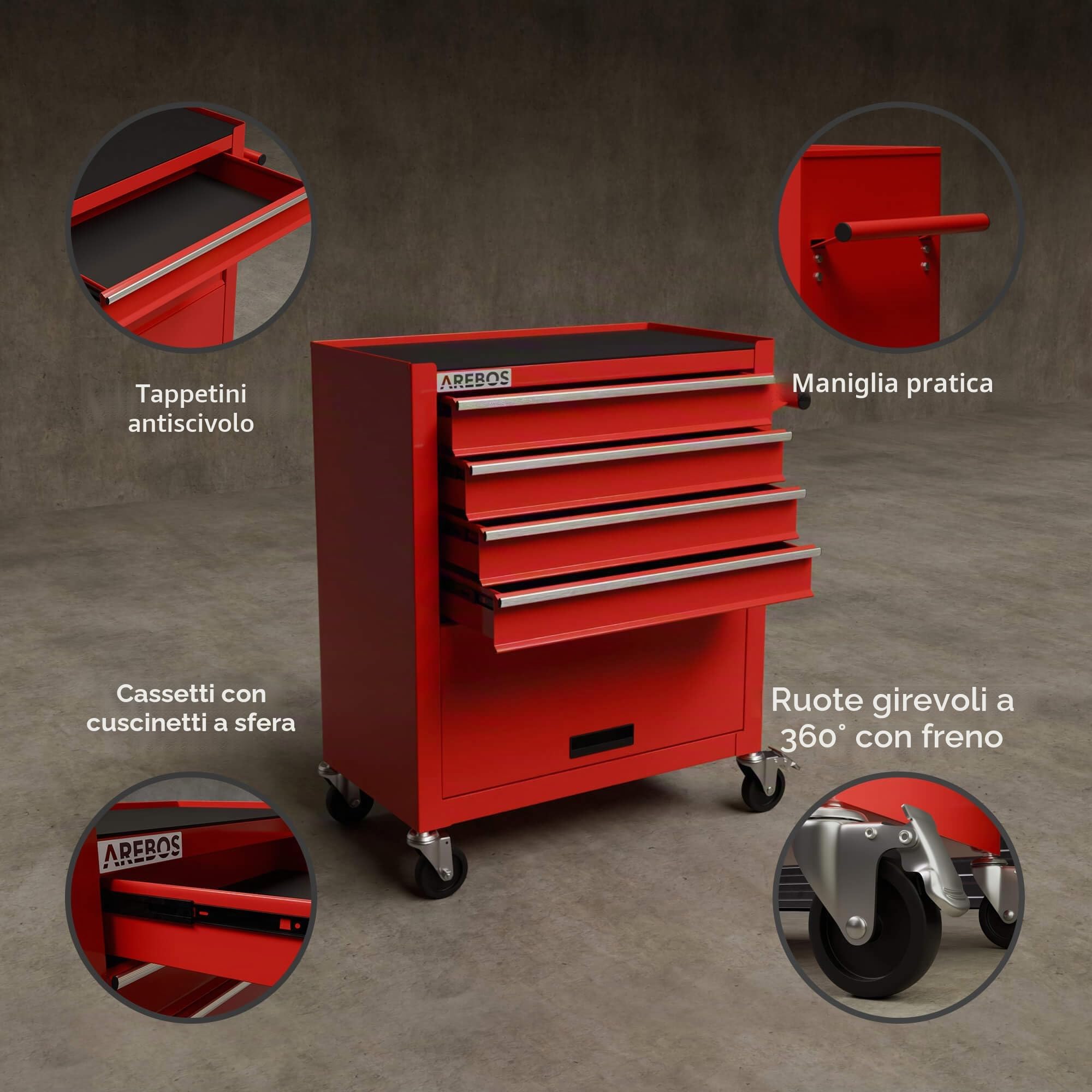 AREBOS Carrello da officina a 4 scomparti + grande scomparto | con tappetini antiscivolo | 2 ruote con freno di stazionamento | rosso
