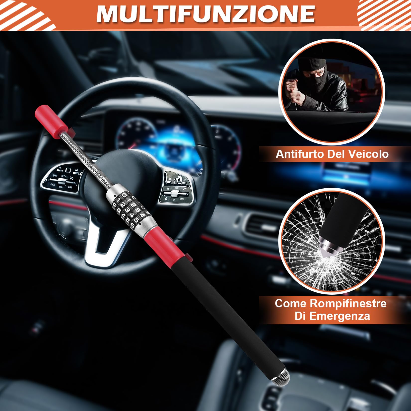 Tevlaphee Antifurto Auto Blocca Sterzo Automobile Bloccasterzo Auto Universale Sicurezza (Rosso)