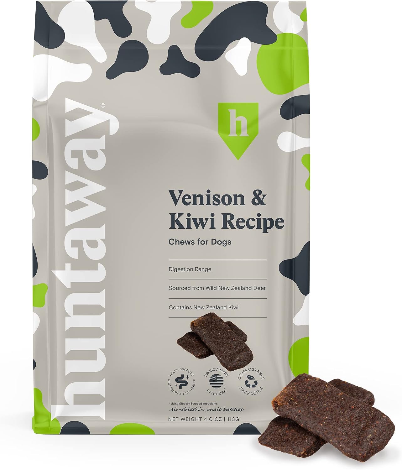 Huntaway Venison with Kiwi Chews for Dogs - 1 Pack of 4oz Natural Venison Dog Chews for Digestion and Sensitive Stomach Support