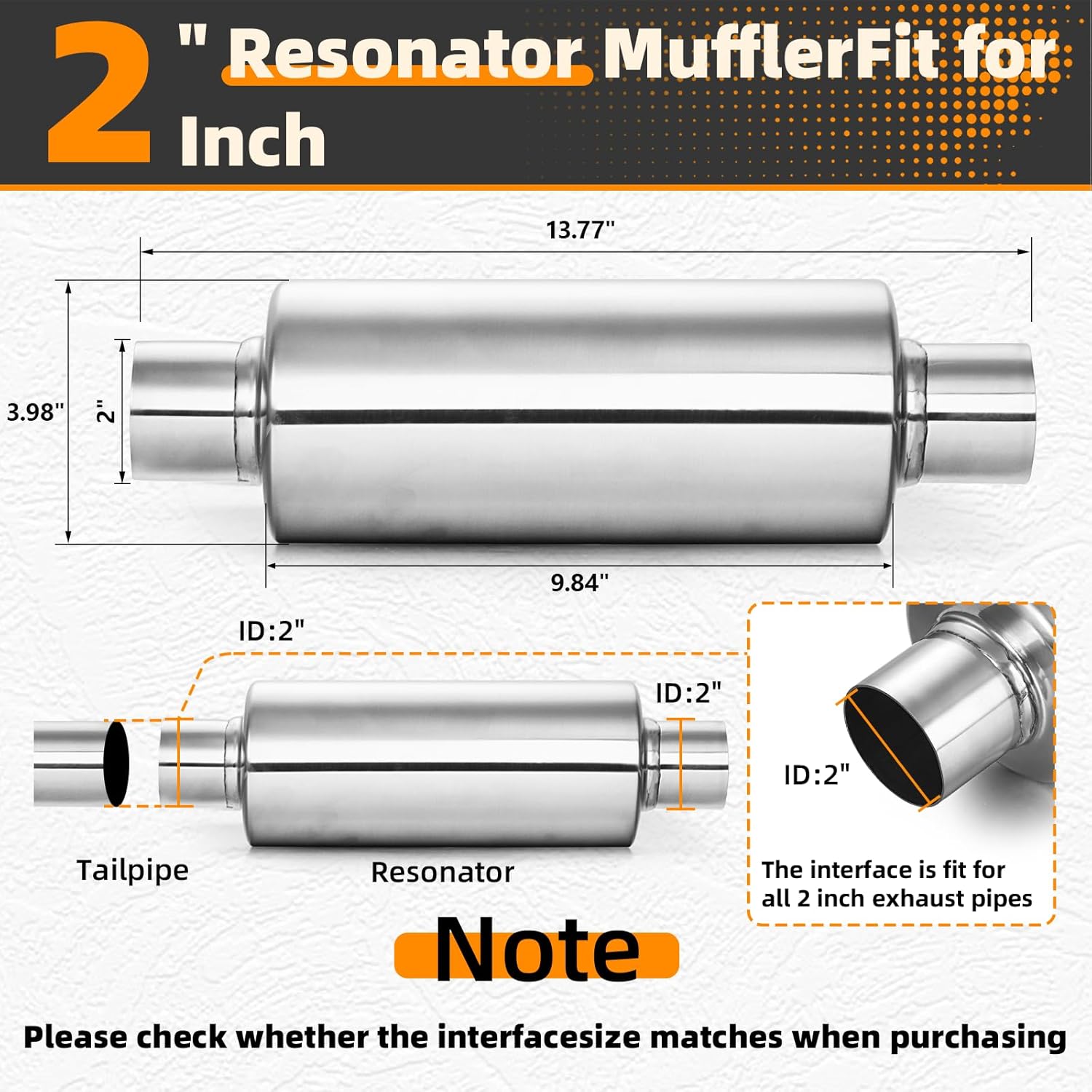 A-KARCK 2 Pack 2" Inlet Exhaust Resonator, 2" Inlet 2" Outlet 13.8" Overall Length Muffler Resonator Stainless Steel,Polished