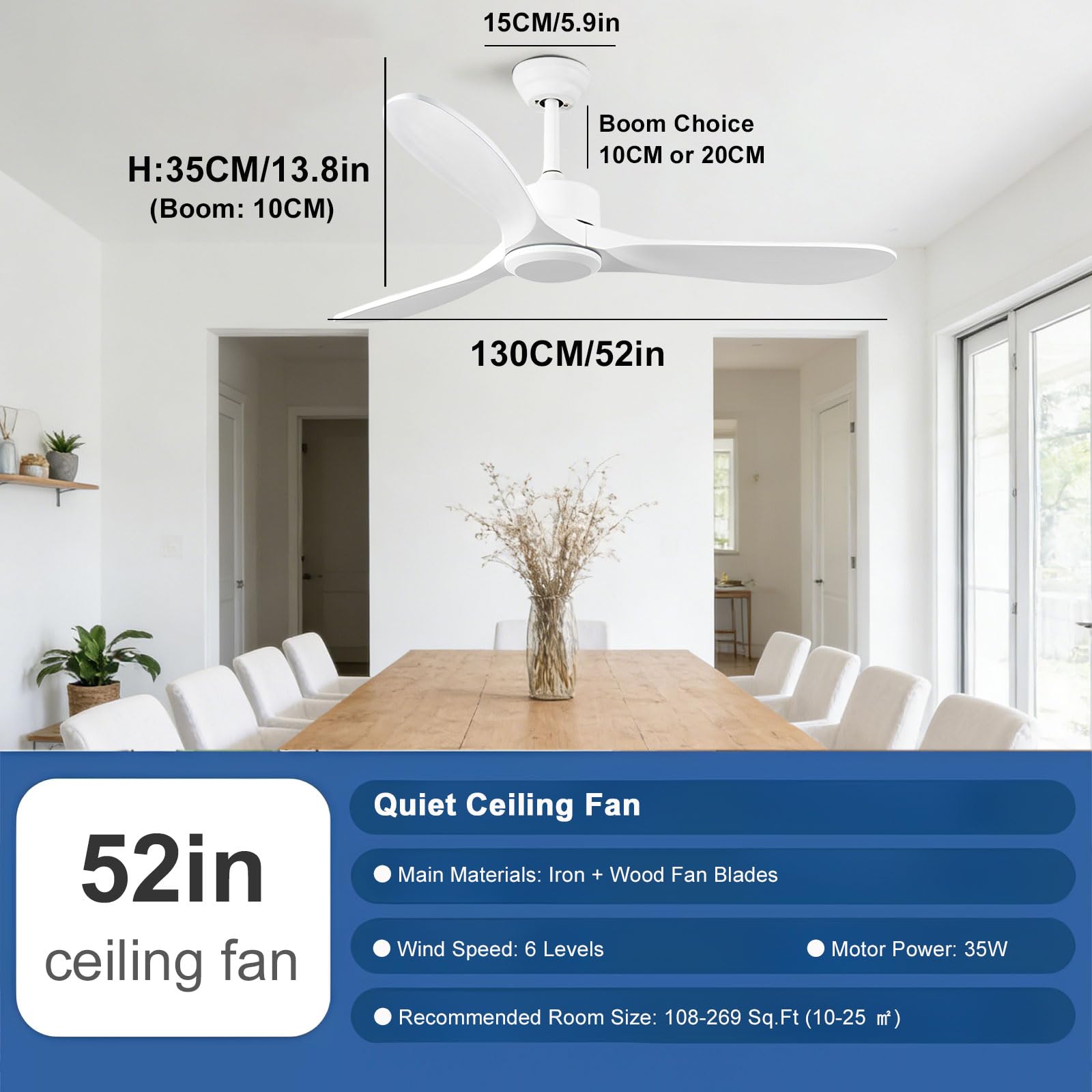 Ventilador de Techo Moderno de Madera sin Luces, Ventiladores Inteligentes con Control Remoto/aplicación/Voz, 6 velocidades, Perfil bajo, silencioso, sin luz, para Dormitorio/casa