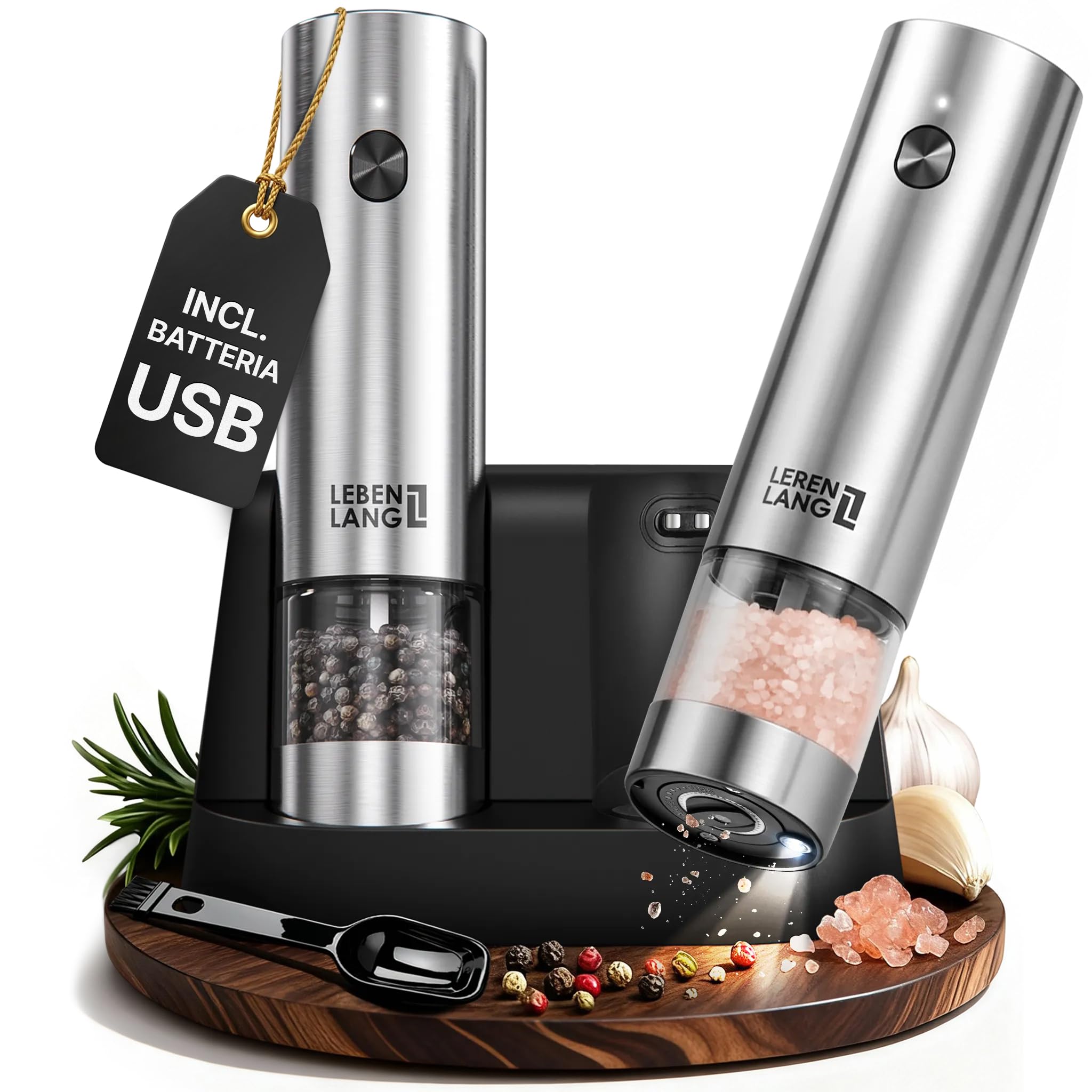 LEBENLANG Macina Pepe e Sale Elettrico - Acciaio Inox, Base Di Ricarica Verticale & LED I Macina Sale e Pepe Elettrico Ricaricabile I Macinino Spezie Set Grinder & Saliera Elettrica Porta Trita Macine