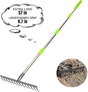 14 Tines Adjustable 30.5-57 Inch Bow Rake, Metal for Gardening