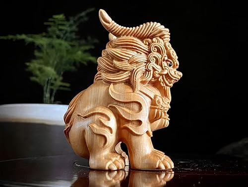 Miniatura 3 de Adornos de estatua de Kylin de madera maciza, estatua de perro Foo, escultura de Feng Shui, decoración de oficina en casa, figura de Pixiu de animal