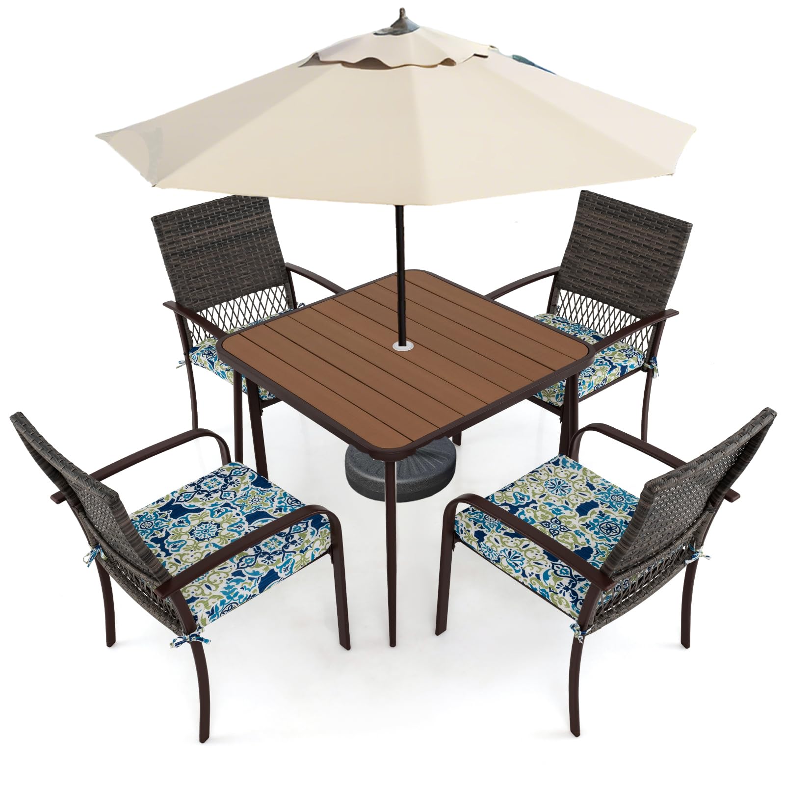 GYMAX Table de Jardin avec 4 Chaises en Rotin pour 4 Personnes