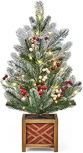 24 Inch Pre-lit Mini Christmas Tree with Lights, Small Green Frosted Artificial Tabletop Christmas Trees with Wooden Base, Miniature Pine Christmas Trees Decoration