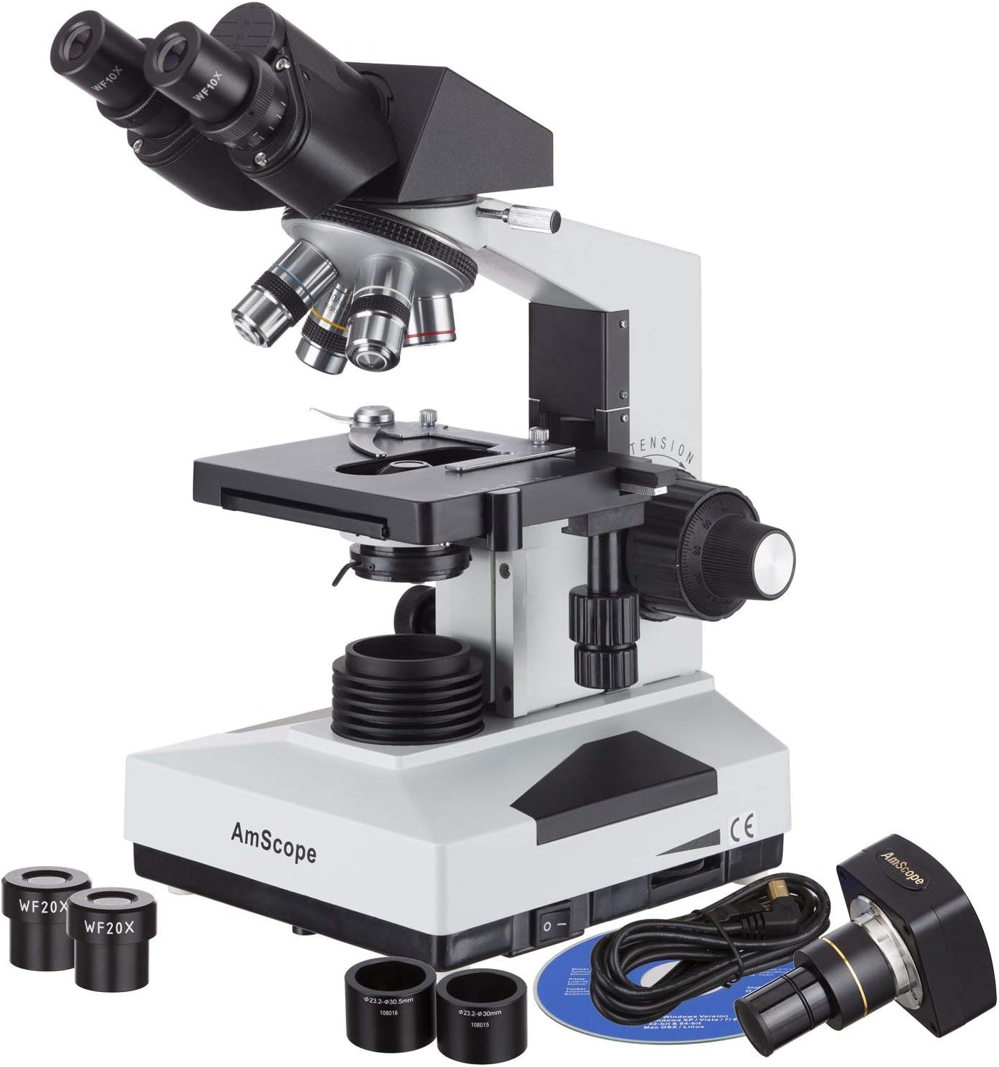 AmScope B490B-P Digital Compound Binocular Microscope, WF10x and WF20x Eyepieces, 40X-2000X Magnification, Brightfield, LED Illumination, Abbe Condenser, Double-Layer Mechanical Stage, Sliding Head, High-Resolution Optics, Anti-Mold, Includes 0.3MP Camera with Reduction Lens and Software