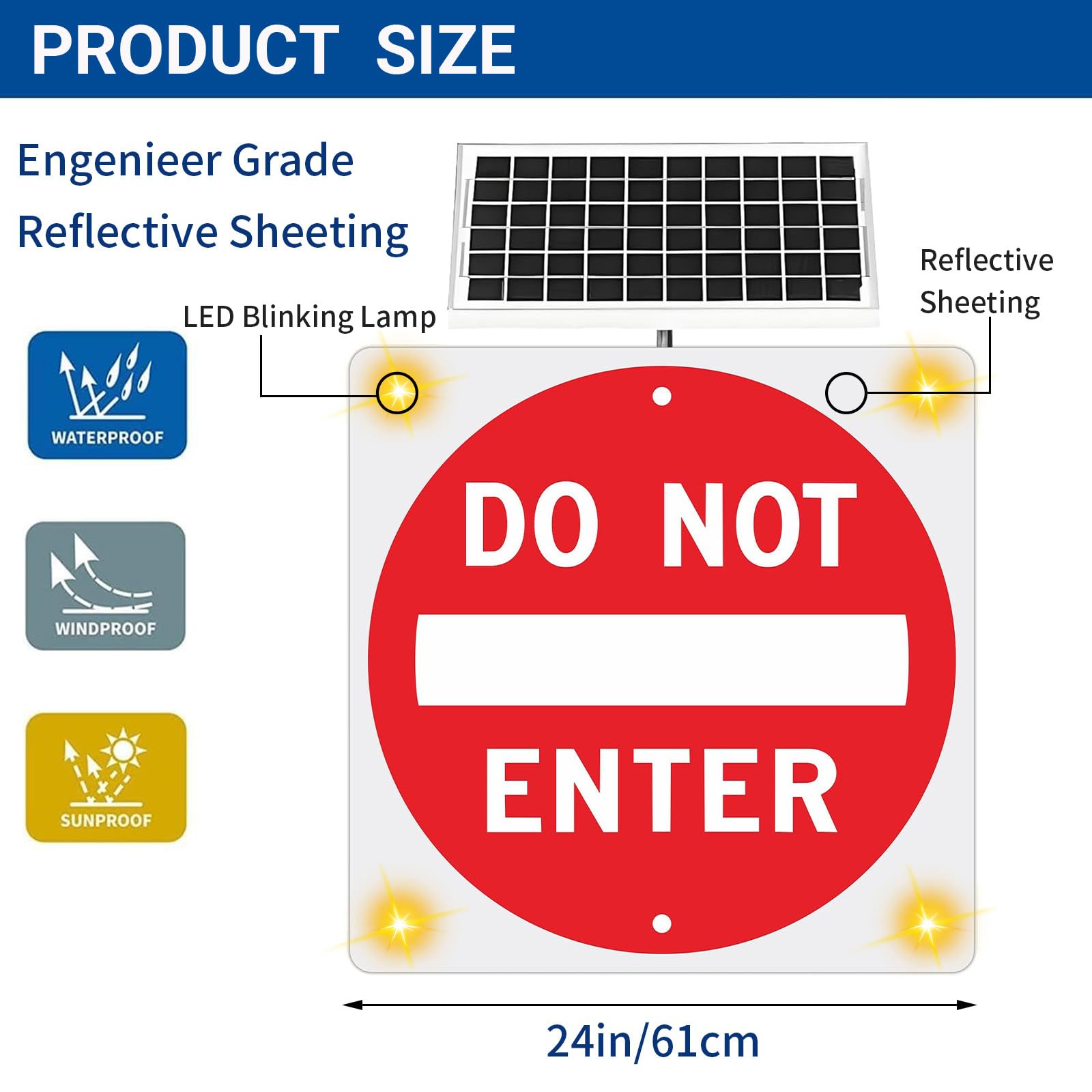 Cartel “Do Not Enter” De 24 X 24 Pulgadas, Señal Vial Cuadrada De Aluminio con LED Intermitente Alimentado por Energía Solar