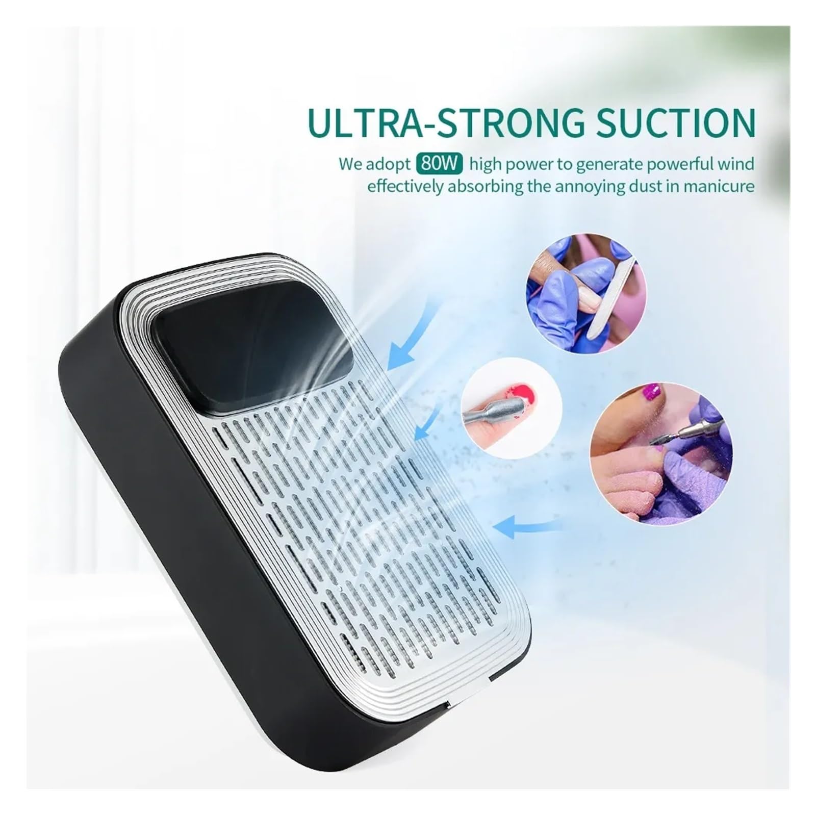 Aspirador UñAs, Aspiradora de uñas inalámbrica de 80W, colector de polvo de uñas de escritorio, ventilador potente de succión de polvo de uñas con filtros, herramienta de manicura