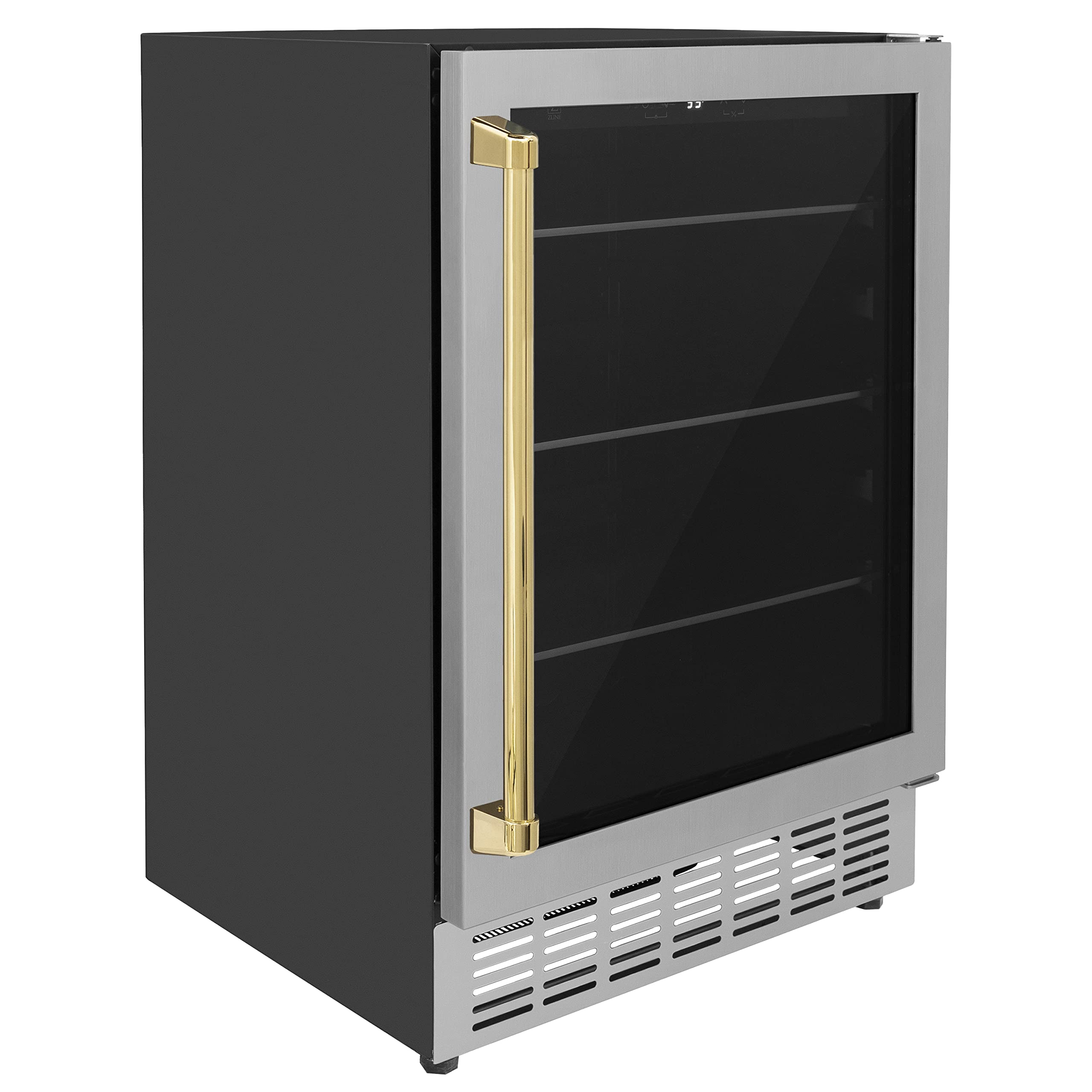Z Line Kitchen and Bath ZLINE 24" Autograph Edition 154 Can Beverage Cooler Fridge with Adjustable Shelves in Stainless Steel with Gold Accents (RBV-US-24-G) on Fridge.com
