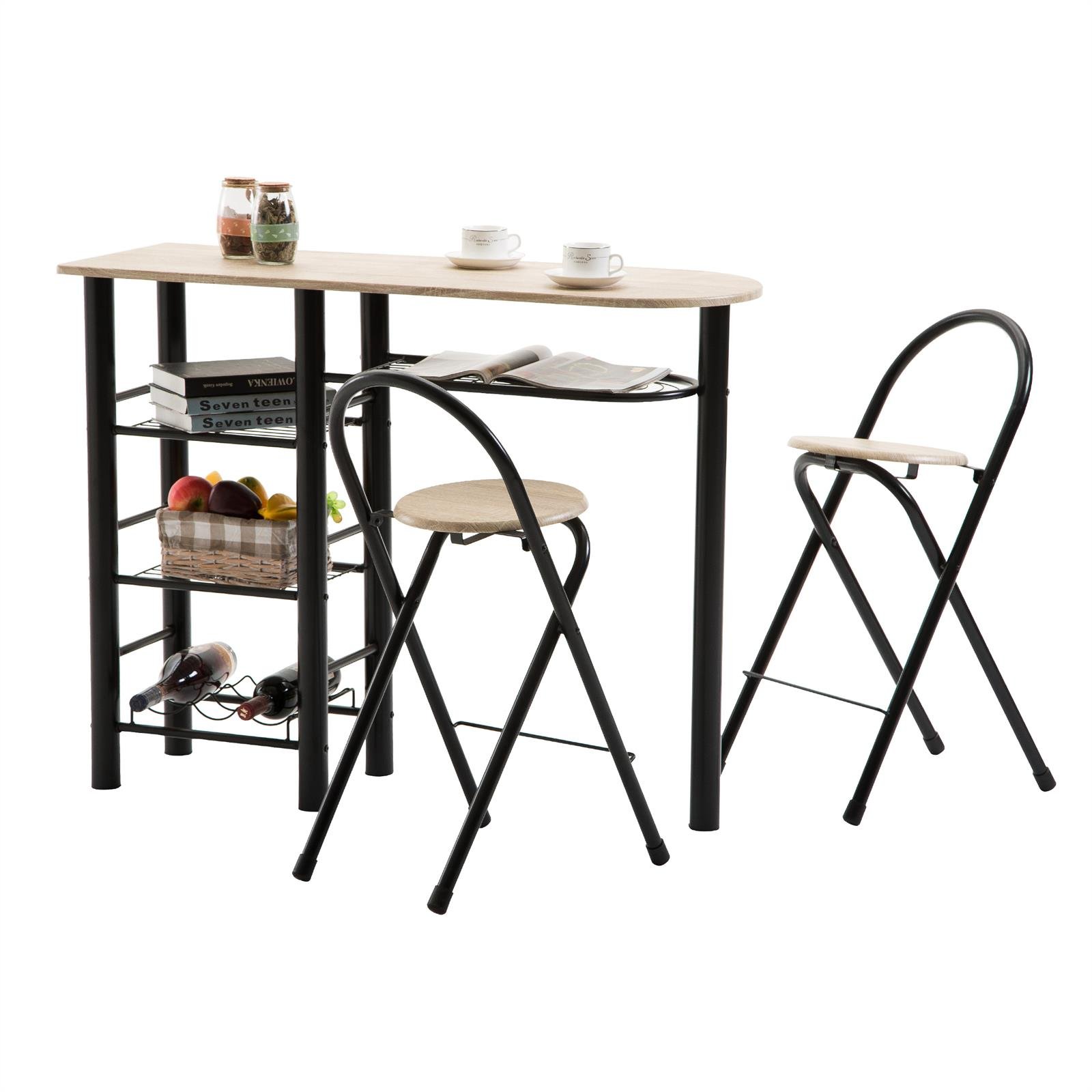 Ensemble STYLE avec table haute de bar mange-debout comptoir avec 3 étagères et 1 porte-bouteilles et 2 chaises/tabourets avec dossier, table et assise MDF décor chêne sonoma structure en métal noir