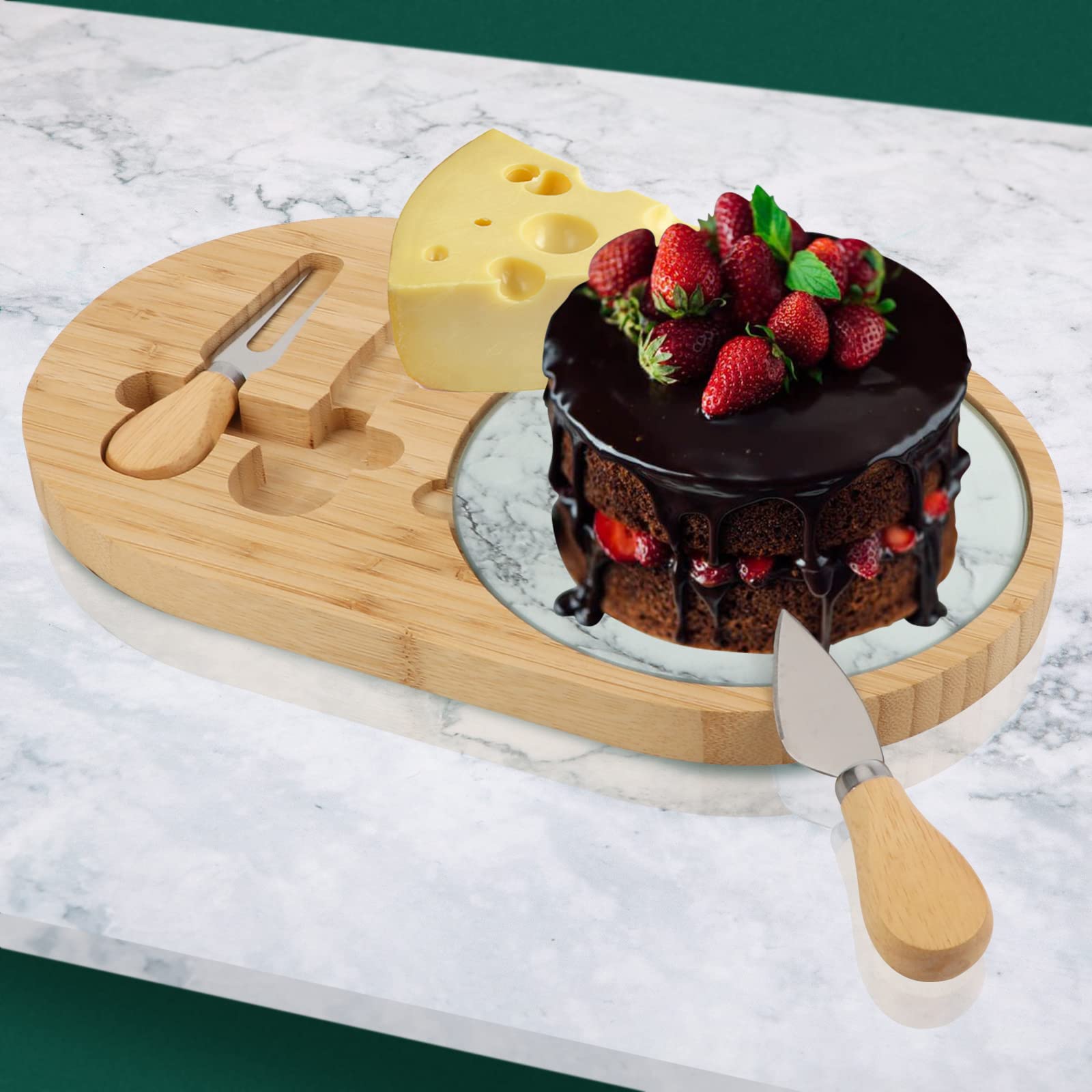 BIGTREE Bamboo Cheese Board Set, Wooden Charcuterie Board Serving Platter with Knife Set, for Wine, Cheese, Meat, Fruit， Vegetable (8 x 13)