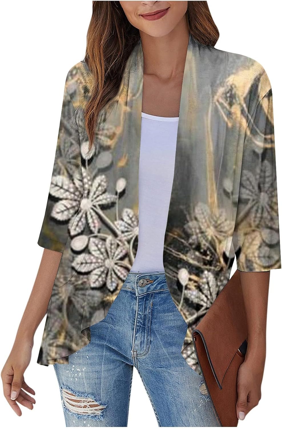 Women's Lightweight Kimono Cardigan 3/4 Sleeve - Printed Boho Beach Cover Up & Loose Blouse