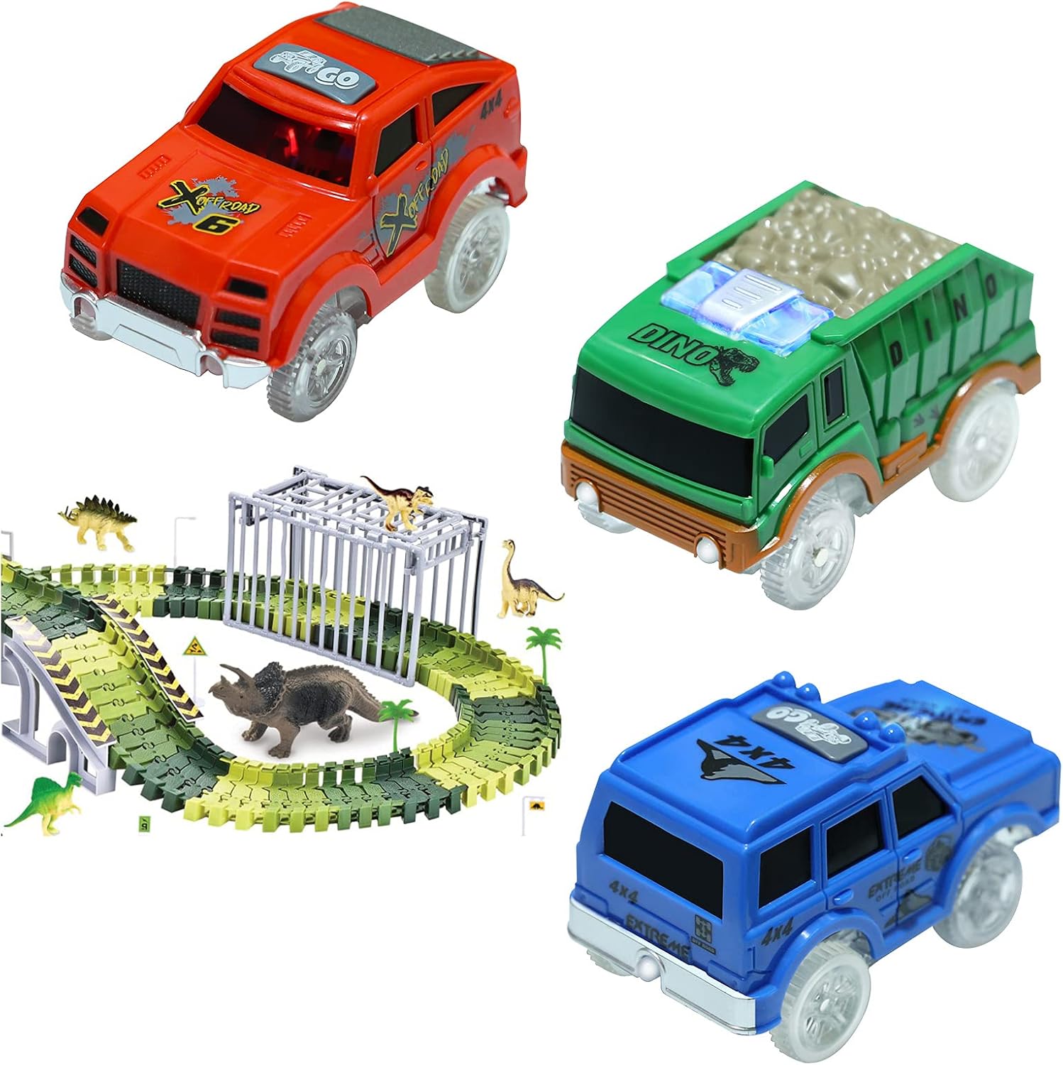 Tracks Cars Replacement only, Toy Cars for Magic Tracks Glow in The Dark, Racing Car Track Accessories with 5 Flashing LED Lights, Compatible with Most Car Tracks for Kids Boys and Girls(3pack)
