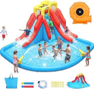 Whubefy Large Inflatable Water Slide for Kids Backyard, Double Water Slides Bounce House with 14.5FT Huge Splash Pool, Climb Wall, 2 Water Cannons & 2 Water Blasters, Water Park for Family Outdoor Fun