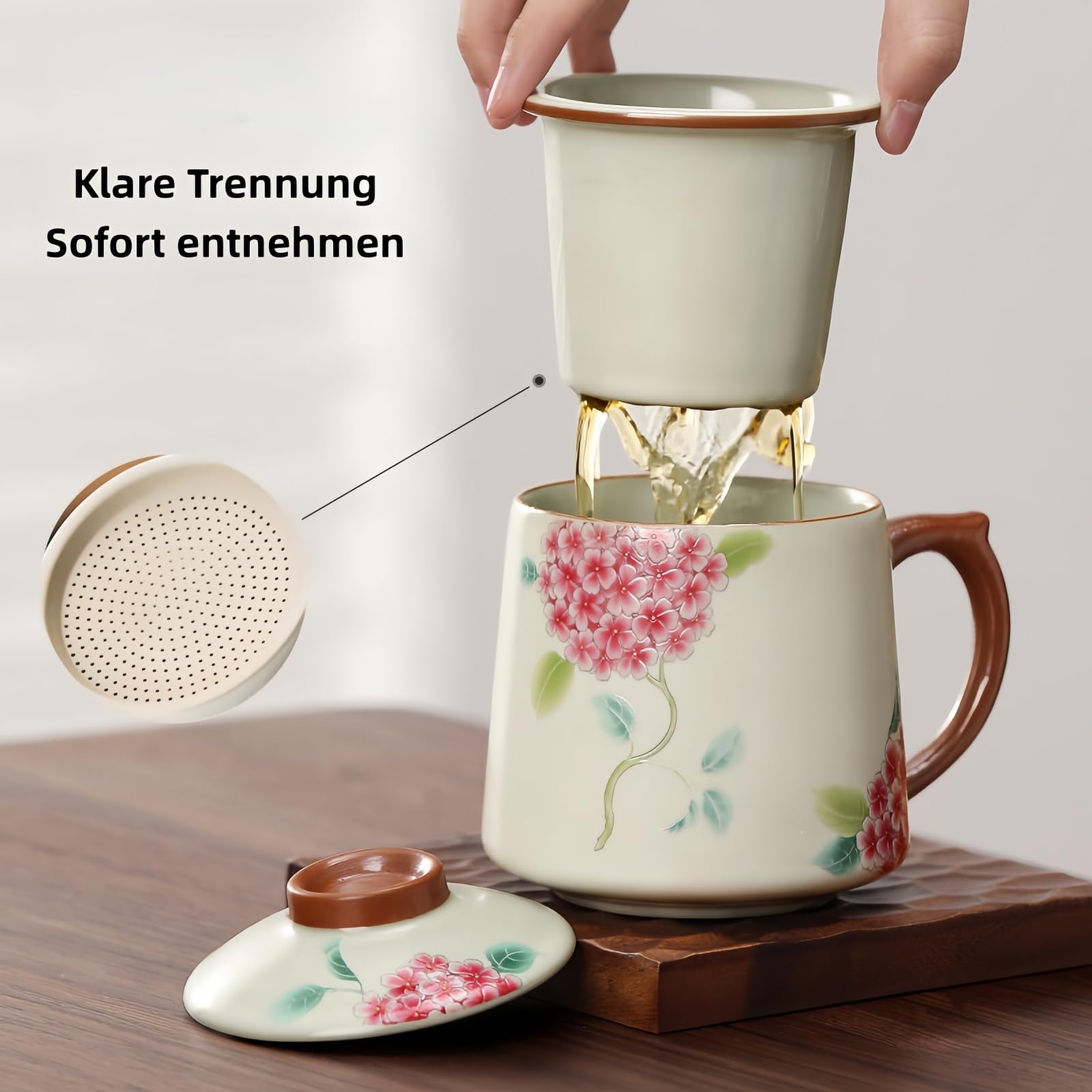 Ceramiczna filiżanka do herbaty z pokrywką 400 ml, separacja herbaty z sitkiem i uchwytem, 2 kolory (wzór Hydrangea), zestaw pojedynczy lub 4 sztuki (zielony, 4 sztuki)