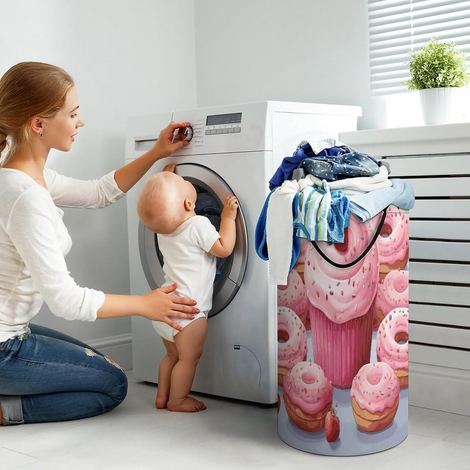 Pink Donut And Cupcake Large Capacity Laundry Baskets,Collapsible Clothes Hamper with Handles，Laundry Hampers for Bathroom,Bedroom,Towels