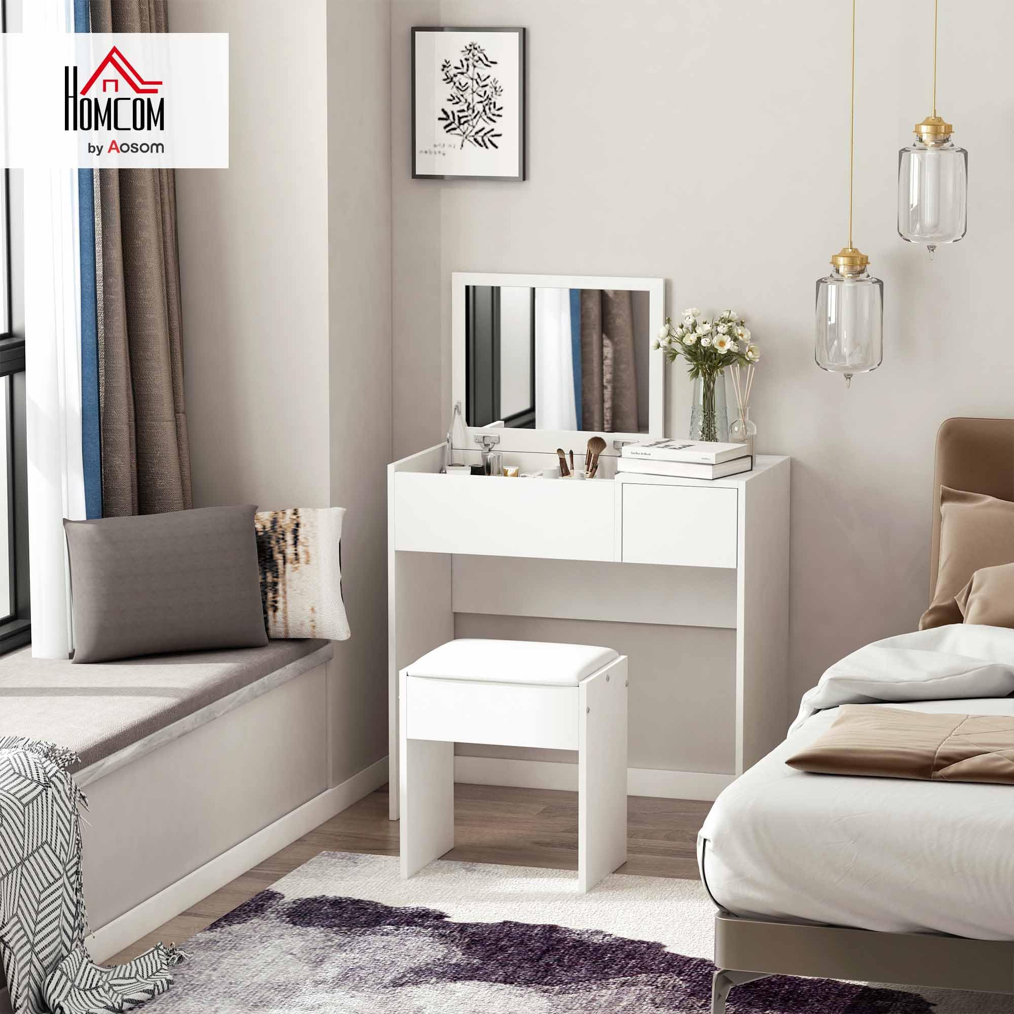 HOMCOM Tavolo da Trucco con Specchio Richiudibile, Tavolo da Trucco Moderno, con Sgabello, Vano Contenitore (4 Scomparti), MDF Bianco, 80x40x79 cm
