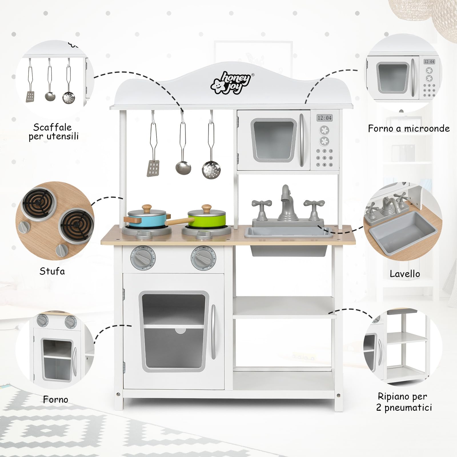 COSTWAY Cucina Giocattolo per Bambini, Cucina per Bambini in Legno con Forno, Microonde, Lavello e Rubinetto, con Accessori, Pentole e Utensili per Cucinare, per bambini 3+ Anni