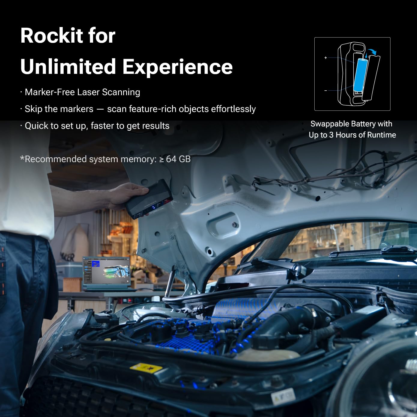 EINSTAR Rockit 3D-Scanner, Kabelloses Scannen WIFI6, 90 FPS, Marker-frei Scannen, 7+38 Blaulaser + NIR, Vollfarbe, geeignet für CAD/3D-Druck