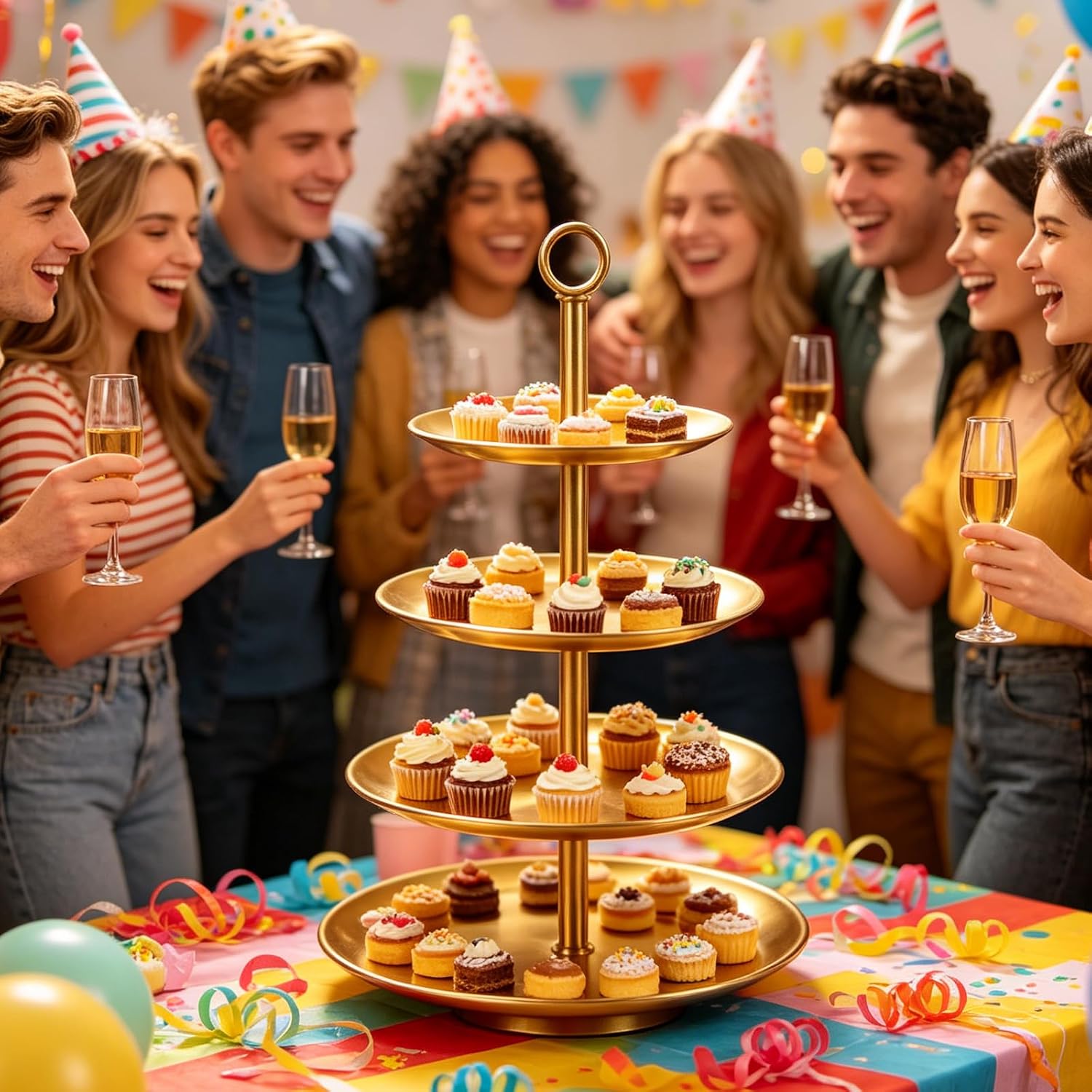 3 Tier Cup Cake Tower Stand, Gold Cupcake Stand with Base, Stainless Steel Tiered Cupcake Display Stands for Wedding Party Birthday Celebration