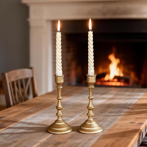 Antique Brass Candle Holders Set of 2 Heavy Duty Cast Iron Candle Stick Holder for Table Centerpiece Home Decor Gift