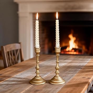 Antique Brass Candle Holders Set of 2 Heavy Duty Cast Iron Candle Stick Holder for Table Centerpiece Home Decor Gift
